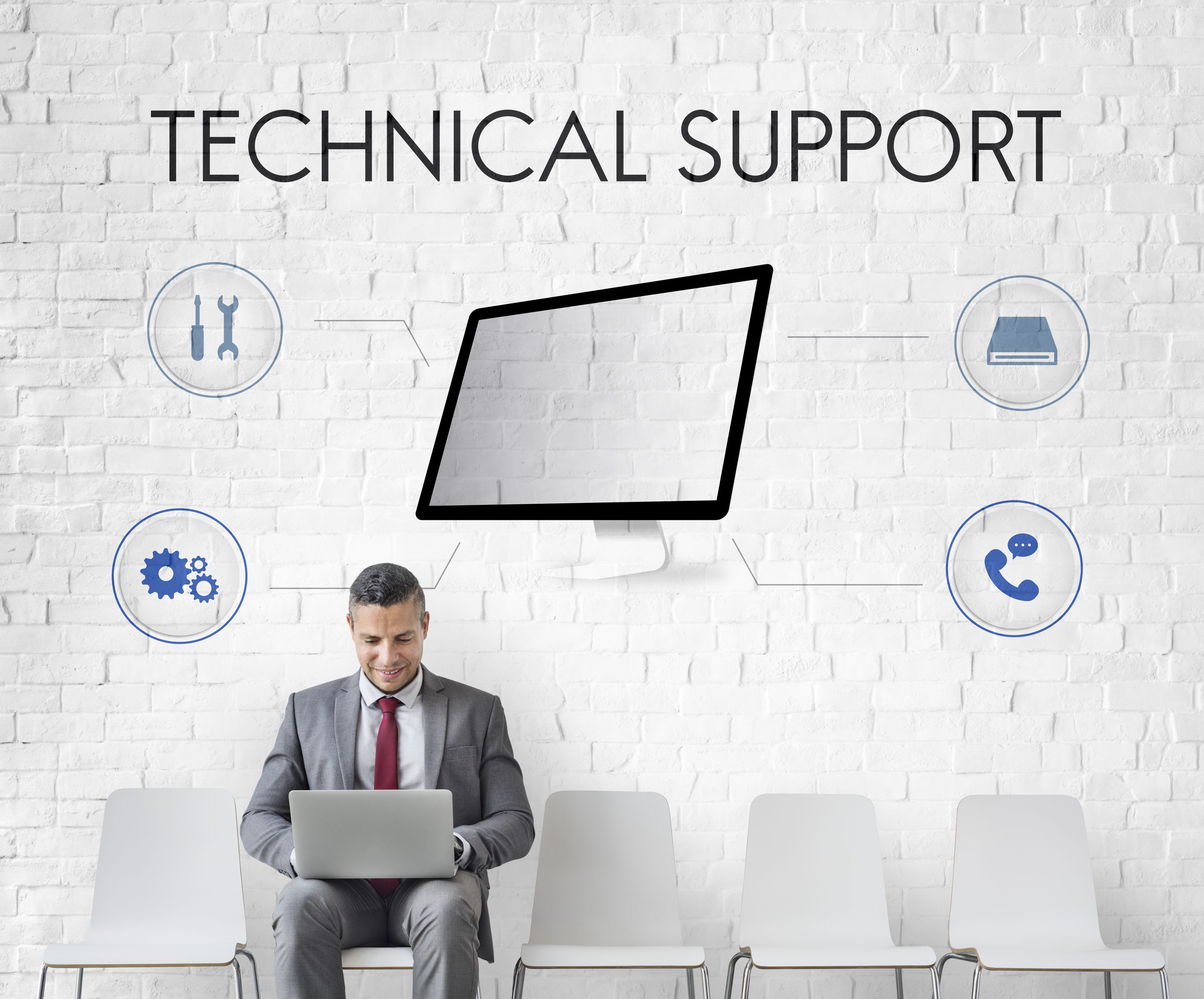 Technical support concept with business professional and icons for assistance, repair, and communication